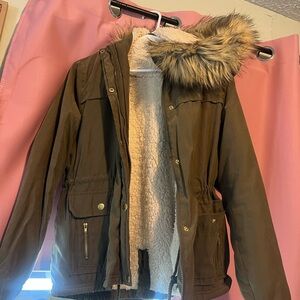Faux Fur Hooded Olive Green Jacket
